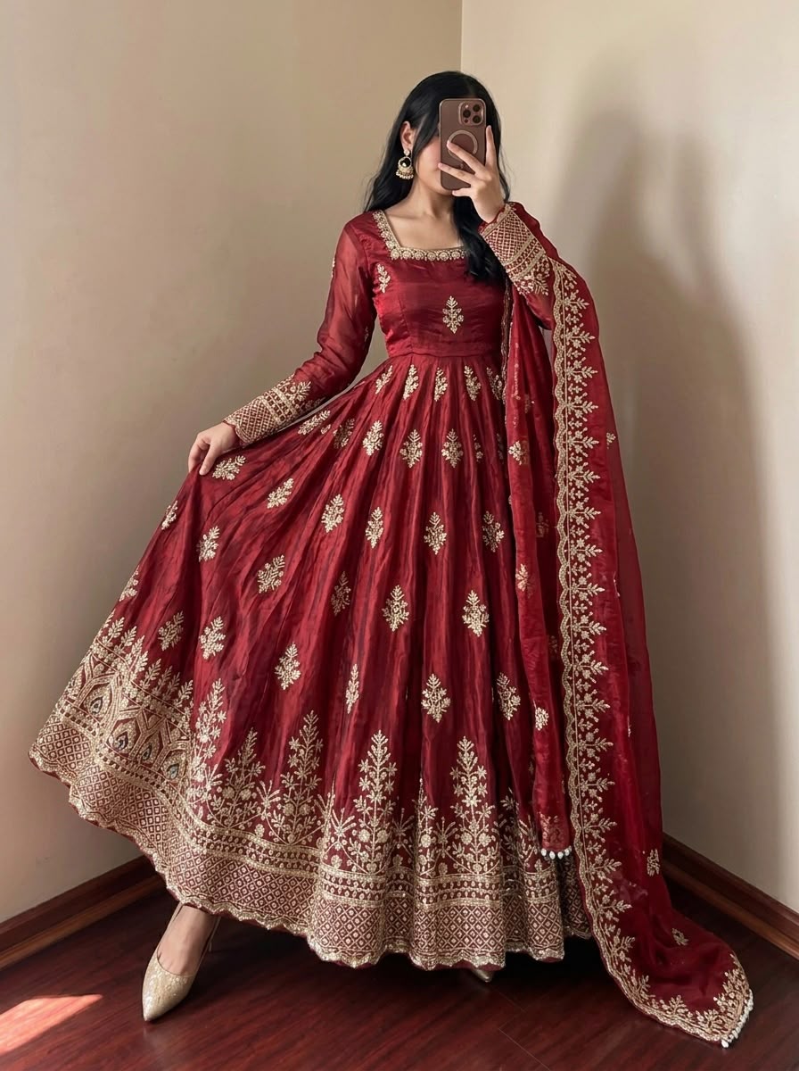 Trendy Maroon Fendy Silk Embroidery Work Gown