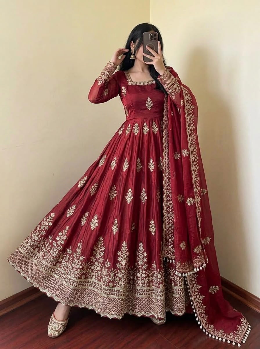 Trendy Maroon Fendy Silk Embroidery Work Gown