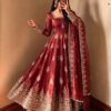 Trendy Maroon Fendy Silk Embroidery Work Gown
