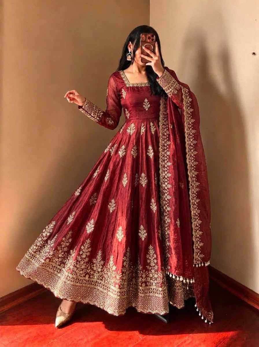 Trendy Maroon Fendy Silk Embroidery Work Gown