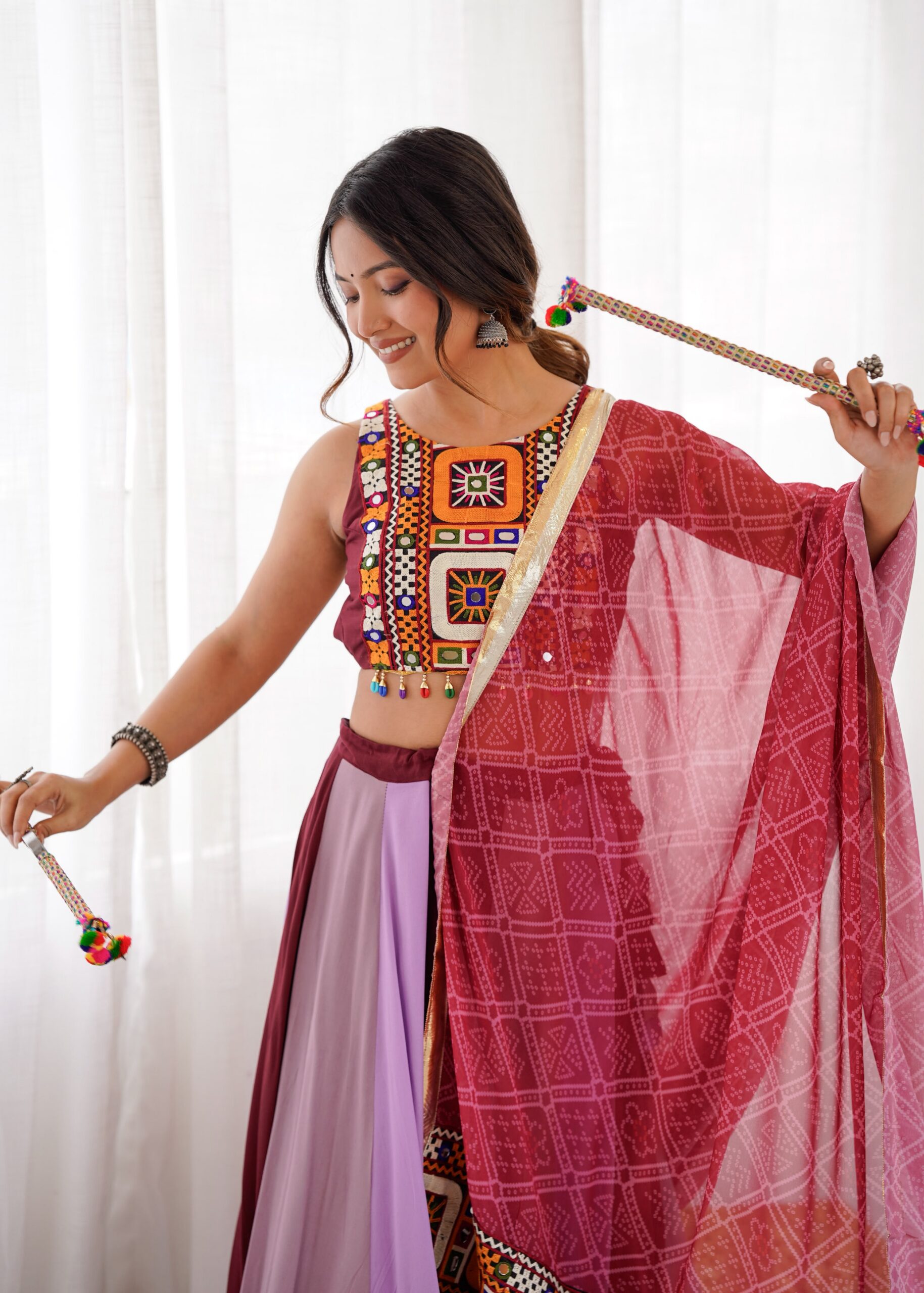 Trendy Maroon Rayon Gamthi Work Lehenga Choli