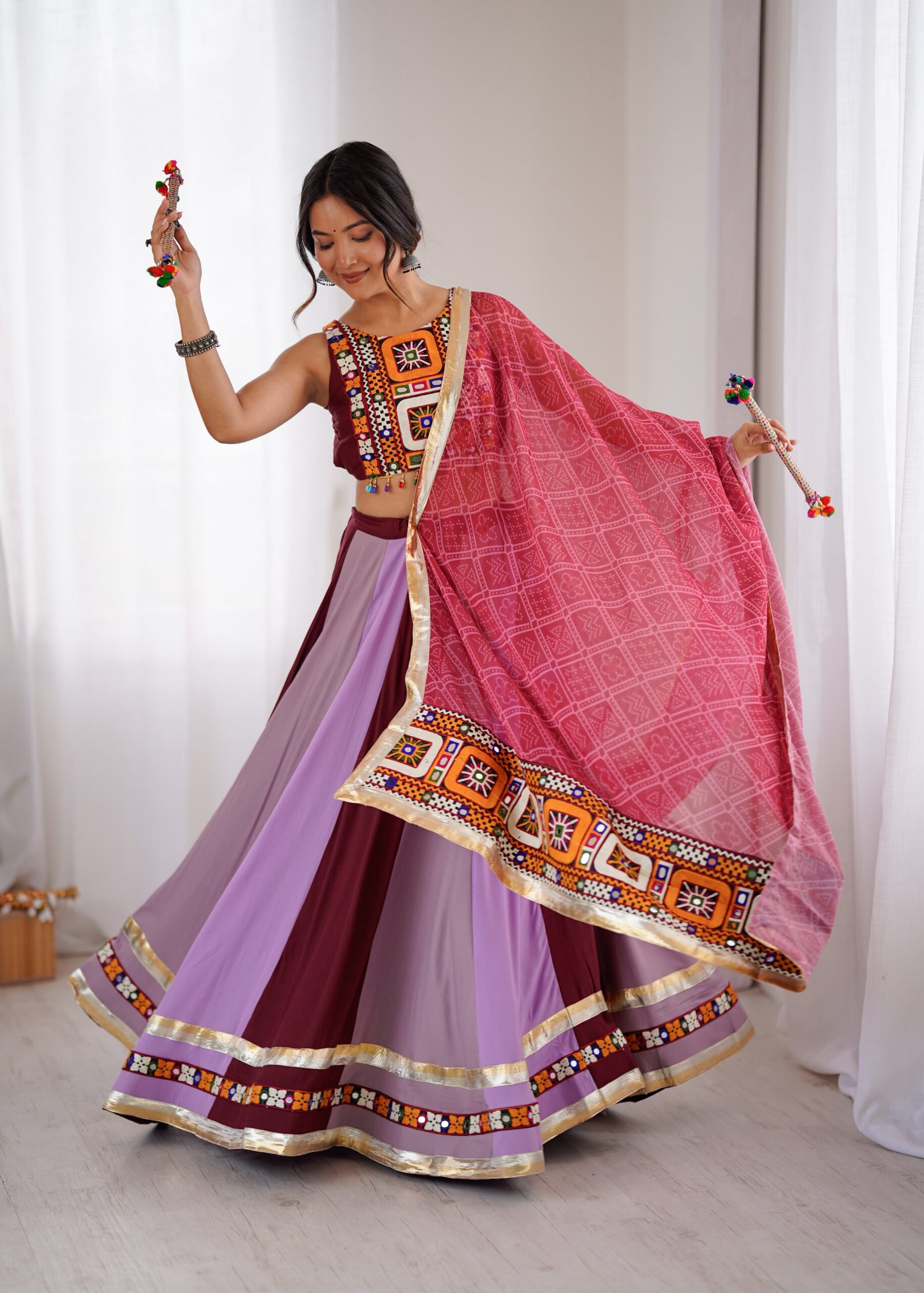 Trendy Maroon Rayon Gamthi Work Lehenga Choli