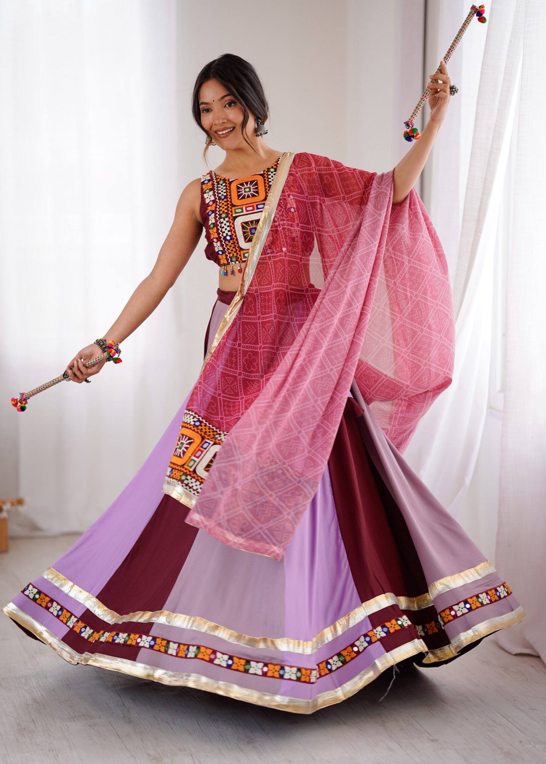Trendy Maroon Rayon Gamthi Work Lehenga Choli