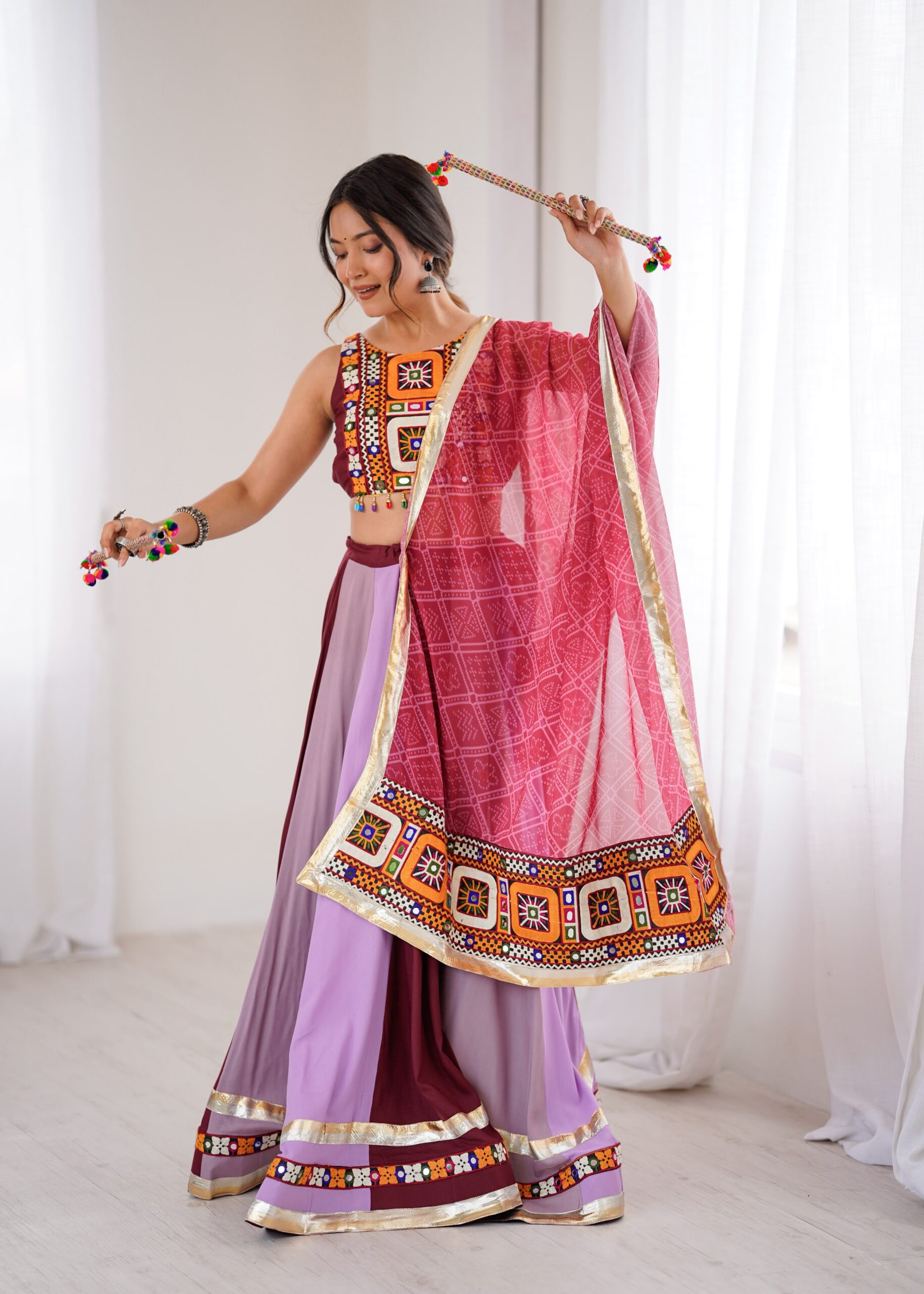 Trendy Maroon Rayon Gamthi Work Lehenga Choli