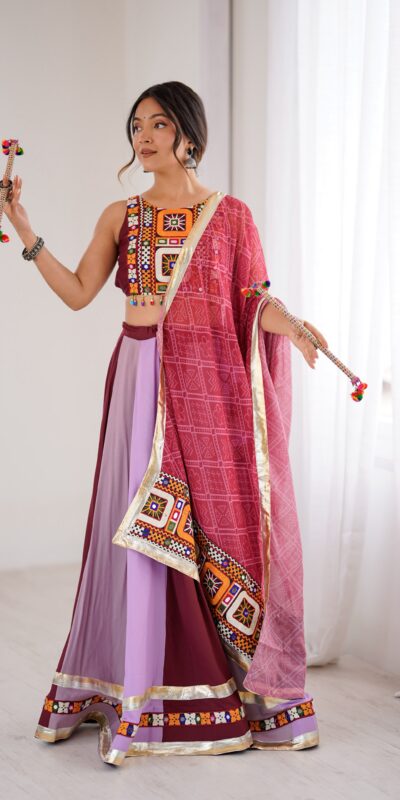 Trendy Maroon Rayon Gamthi Work Lehenga Choli