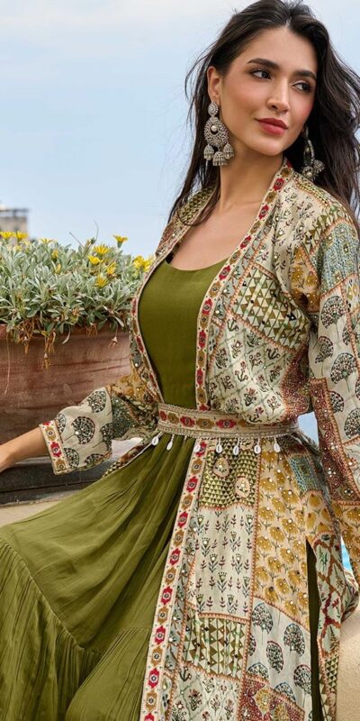 Trendy Mehendi Printed Crepe Embroidery Work Shrug Suit