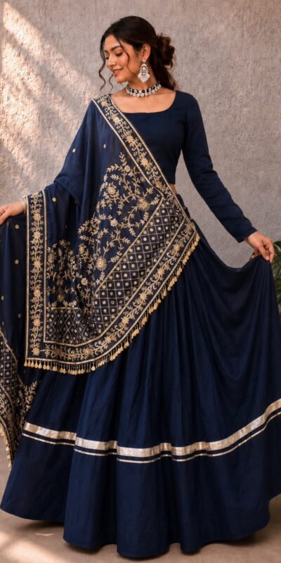 Trendy Navy Blue Rayon Gota Patti Work Lehenga Choli