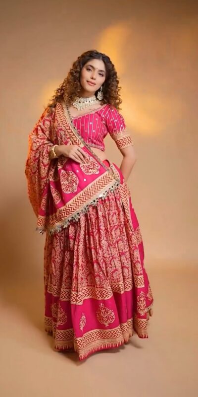 Trendy Pink Printed Rayon Mirror Work Lehenga Choli