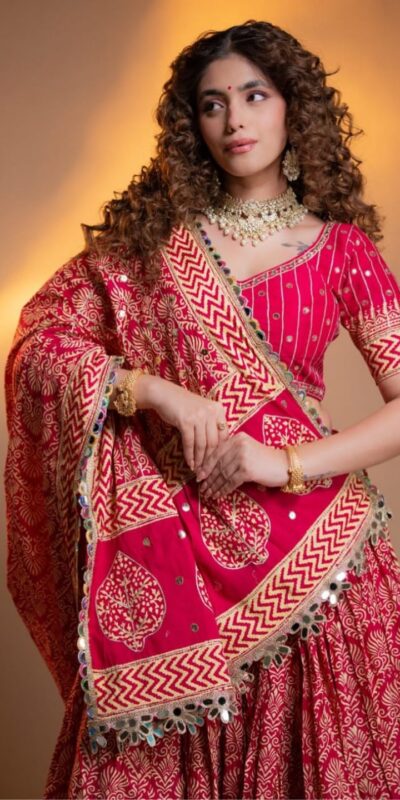 Trendy Pink Printed Rayon Mirror Work Lehenga Choli