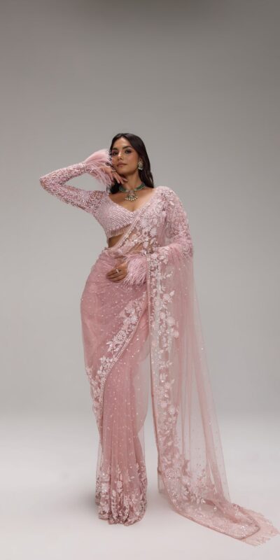 Unique Light Pink Butterfly Net Sequins Saree