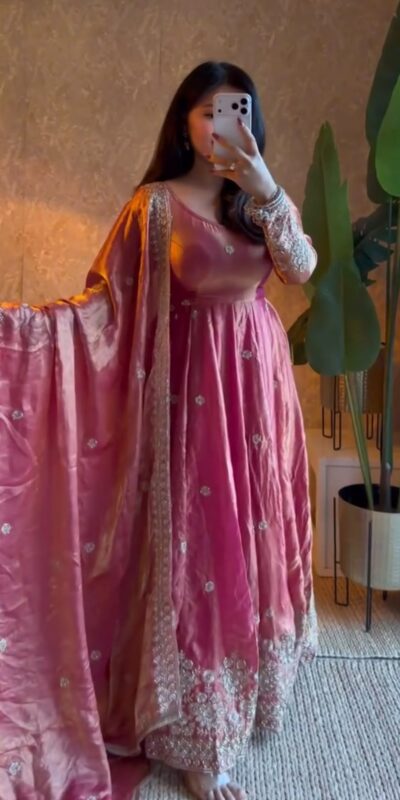 Unique Pink Fendy Silk Embroidery Work Gown