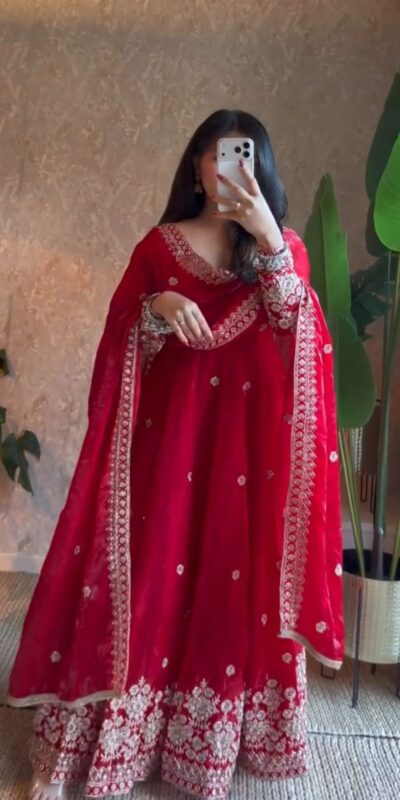 Unique Red Fendy Silk Embroidery Work Gown