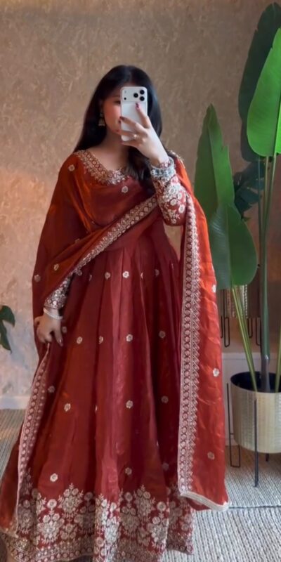 Unique Rust Fendy Silk Embroidery Work Gown