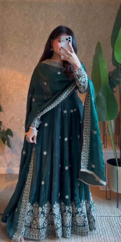 Unique Teal Fendy Silk Embroidery Work Gown