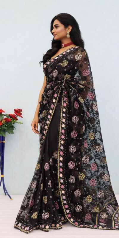 Unique White Butterfly Net Stone Saree