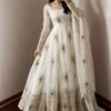 Unique White Fendy Silk Threads Work Gown