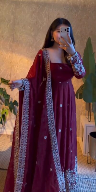 Unique Wine Fendy Silk Embroidery Work Gown