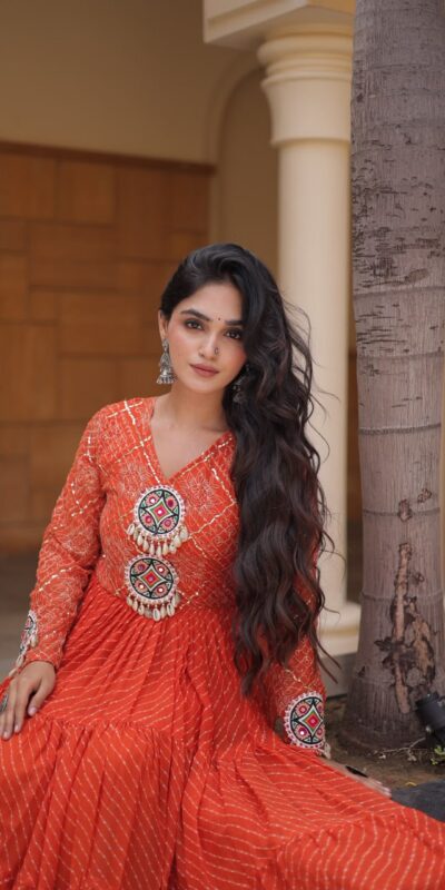 KA 1275 Orange in Colour Faux Georgette Bandhani Print Work Gown. Available at ₹1669 only. Delivery 4-6 Working Days. Shop now. | Gowns, Bollywood Gowns, Creative Gowns, Designer Gowns, Embroidered Gowns, Party Wear Gowns