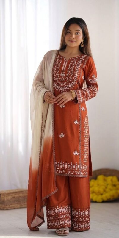 NSR 888 Rust Rayon Salwar Suit with Embroidery Work & Thread Embroidery. Best Price ₹2199. Delivery 4-6 Working Days. Shop now. | Jump Suits, Salwar suit, Casual Suits, Creative suits, Designer Suits, Palazzo Suits, Party Wear Suits, Patiala Suits, Straight Suits