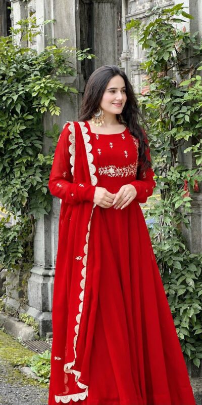 ZB 5078 Red Faux Georgette Gown with Mirror Work & Embroidery Work. Get it for ₹2199. Delivery 4-6 Working Days. Online Shop now. | Gowns, Bollywood Gowns, Creative Gowns, Designer Gowns, Embroidered Gowns, Party Wear Gowns