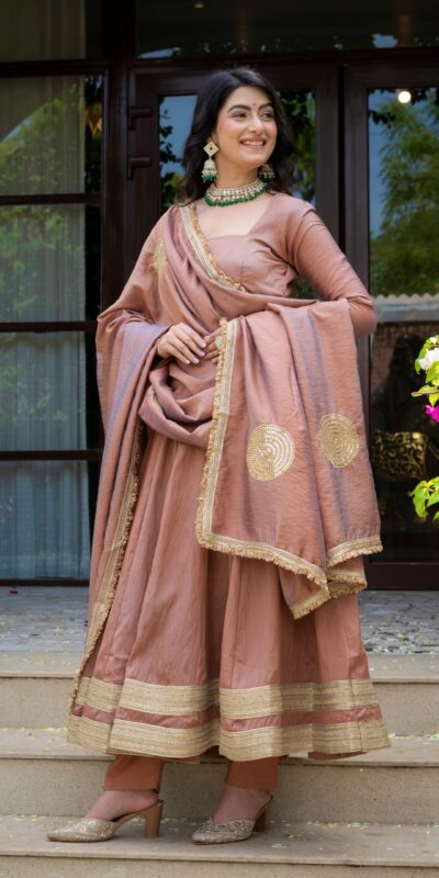 ND 5078 Brown Vichitra Salwar Suit with Sequins Work & Embroidery Work. Available at ₹2449 only. Delivery 4-6 Working Days. Shop now. | Anarkali Suits, Bollywood Anarkali, Creative-Anarkali, Designer Anarkali, Embroidered Anarkali, Party Wear Anarkali, Salwar suit