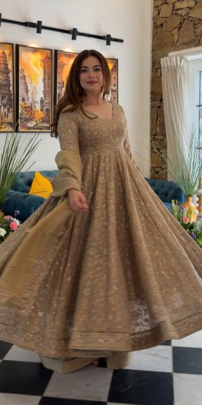 SR 1726 Chiku Fendy Silk Gown with Embroidery Work & Sequins Work. Special Price ₹2899. Delivery 4-6 Working Days. Shop now. | Gowns, Bollywood Gowns, Creative Gowns, Designer Gowns, Embroidered Gowns, Party Wear Gowns