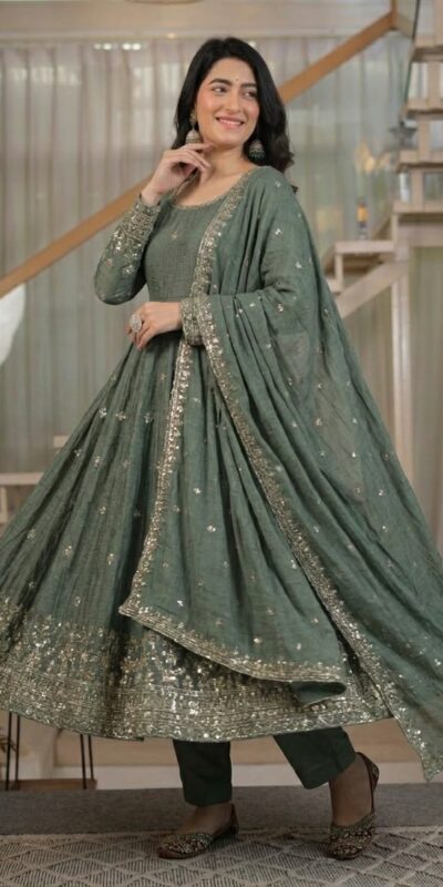 ND 5065 Grey Embroidery Work & Sequins Work Salwar Suit in Peach Crunchy Silk. Festive Deal ₹2449. Delivery 4-6 Working Days. Shop now. | Anarkali Suits, Bollywood Anarkali, Creative-Anarkali, Designer Anarkali, Embroidered Anarkali, Party Wear Anarkali