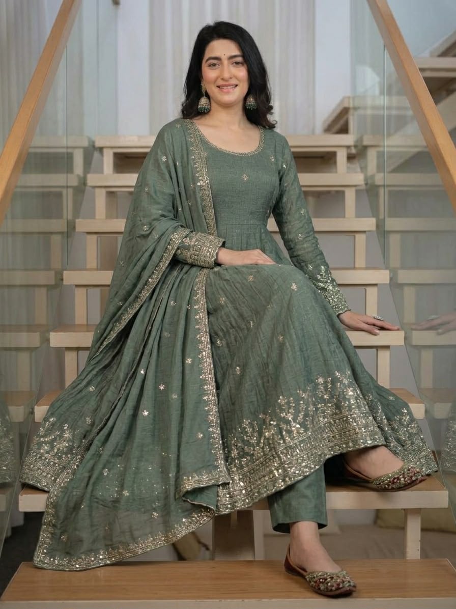 ND 5065 Grey Embroidery Work & Sequins Work Salwar Suit in Peach Crunchy Silk. Festive Deal ₹2449. Delivery 4-6 Working Days. Shop now. | Anarkali Suits, Bollywood Anarkali, Creative-Anarkali, Designer Anarkali, Embroidered Anarkali, Party Wear Anarkali