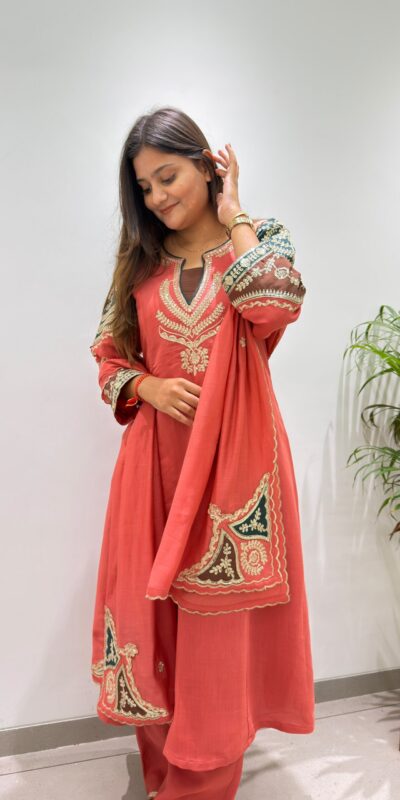 BE 509 Peach Mul Chanderi Salwar Suit with Embroidery Work & Sequins Work. Festive Deal ₹2399. Delivery 4-6 Working Days. Shop nowp | Jump Suits, Salwar suit, Casual Suits, Creative suits, Designer Suits, Palazzo Suits, Party Wear Suits, Patiala Suits, Straight Suits