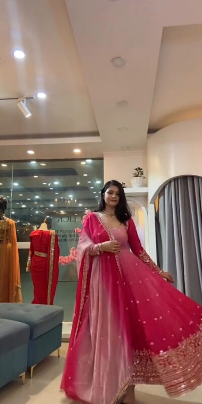 SR 1725 Pink Faux Georgette Gown with Mirror Work & Embroidery Work. Get it for ₹2449. Delivery 4-6 Working Days. Online Shop now. | Gowns, Bollywood Gowns, Creative Gowns, Designer Gowns, Embroidered Gowns, Party Wear Gowns