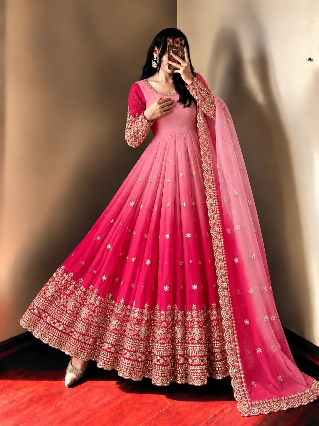 SR 1725 Pink Faux Georgette Gown with Mirror Work & Embroidery Work. Get it for ₹2449. Delivery 4-6 Working Days. Online Shop now. | Gowns, Bollywood Gowns, Creative Gowns, Designer Gowns, Embroidered Gowns, Party Wear Gowns