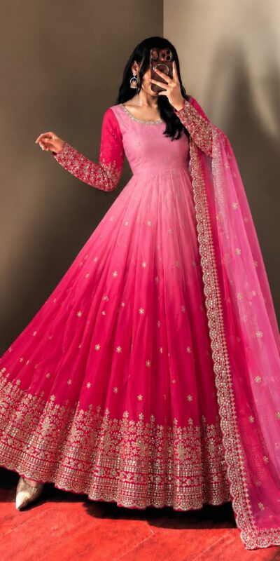 SR 1725 Pink Faux Georgette Gown with Mirror Work & Embroidery Work. Get it for ₹2449. Delivery 4-6 Working Days. Online Shop now. | Gowns, Bollywood Gowns, Creative Gowns, Designer Gowns, Embroidered Gowns, Party Wear Gowns