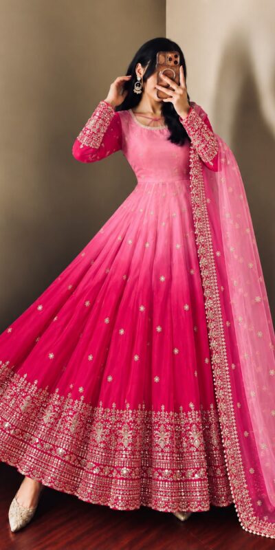 SR 1725 Pink Faux Georgette Gown with Mirror Work & Embroidery Work. Get it for ₹2449. Delivery 4-6 Working Days. Online Shop now. | Gowns, Bollywood Gowns, Creative Gowns, Designer Gowns, Embroidered Gowns, Party Wear Gowns