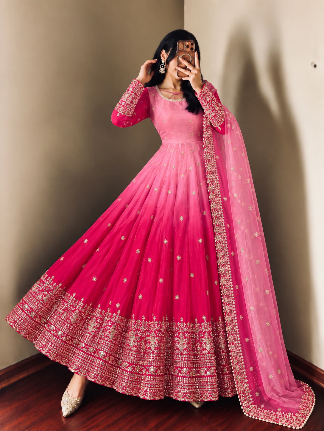 SR 1725 Pink Faux Georgette Gown with Mirror Work & Embroidery Work. Get it for ₹2449. Delivery 4-6 Working Days. Online Shop now. | Gowns, Bollywood Gowns, Creative Gowns, Designer Gowns, Embroidered Gowns, Party Wear Gowns