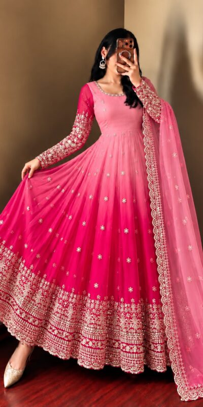 SR 1725 Pink Faux Georgette Gown with Mirror Work & Embroidery Work. Get it for ₹2449. Delivery 4-6 Working Days. Online Shop now. | Gowns, Bollywood Gowns, Creative Gowns, Designer Gowns, Embroidered Gowns, Party Wear Gowns