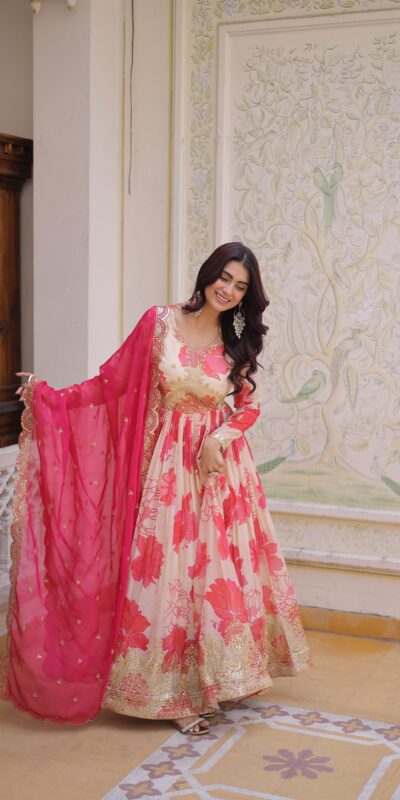 KA 1242 Pink in Russian Silk Embroidery Work & Zari Work Gown . Exclusive Offer ₹2849. Delivery 4-6 Working Days. Shop now. | Gowns, Bollywood Gowns, Creative Gowns, Designer Gowns, Embroidered Gowns, Party Wear Gowns