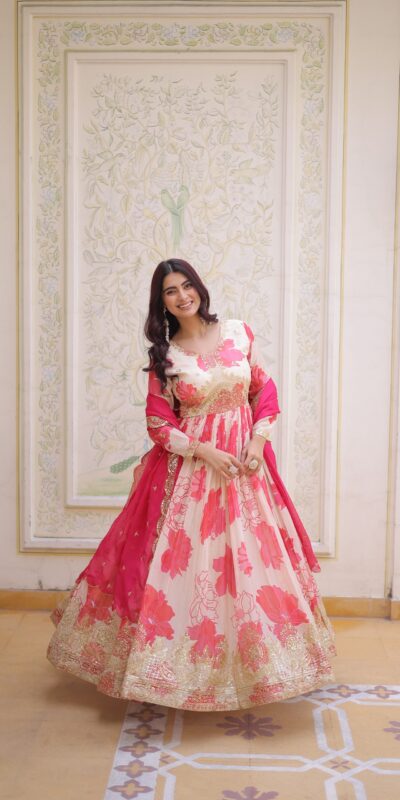 KA 1242 Pink in Russian Silk Embroidery Work & Zari Work Gown . Exclusive Offer ₹2849. Delivery 4-6 Working Days. Shop now. | Gowns, Bollywood Gowns, Creative Gowns, Designer Gowns, Embroidered Gowns, Party Wear Gowns