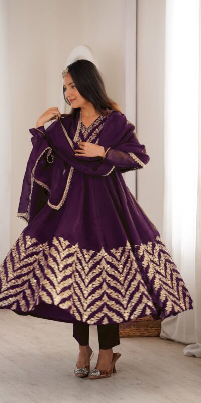 JF 050 Purple Embroidery Work & Sequins Work Salwar Suit in Peach Crunchy Silk. Festive Deal ₹2099. Delivery 4-6 Working Days. Shop now. | Anarkali Suits, Bollywood Anarkali, Creative-Anarkali, Designer Anarkali, Embroidered Anarkali, Party Wear Anarkali