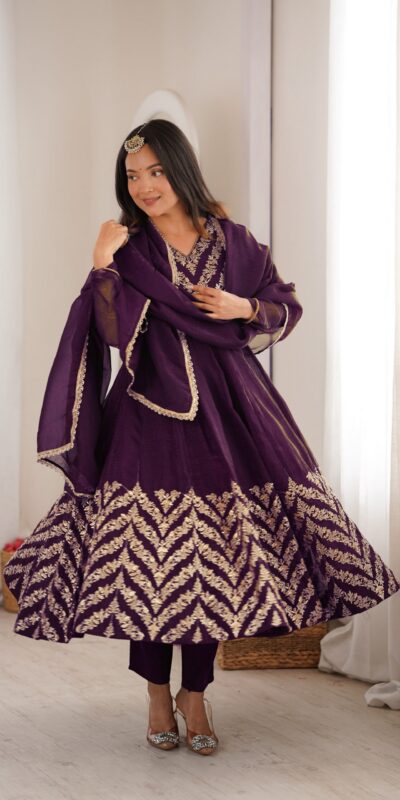 JF 050 Purple Embroidery Work & Sequins Work Salwar Suit in Peach Crunchy Silk. Festive Deal ₹2099. Delivery 4-6 Working Days. Shop now. | Anarkali Suits, Bollywood Anarkali, Creative-Anarkali, Designer Anarkali, Embroidered Anarkali, Party Wear Anarkali