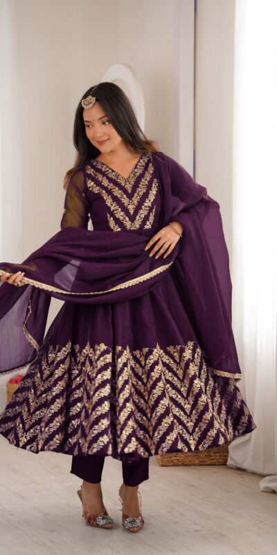 JF 050 Purple Embroidery Work & Sequins Work Salwar Suit in Peach Crunchy Silk. Festive Deal ₹2099. Delivery 4-6 Working Days. Shop now. | Anarkali Suits, Bollywood Anarkali, Creative-Anarkali, Designer Anarkali, Embroidered Anarkali, Party Wear Anarkali