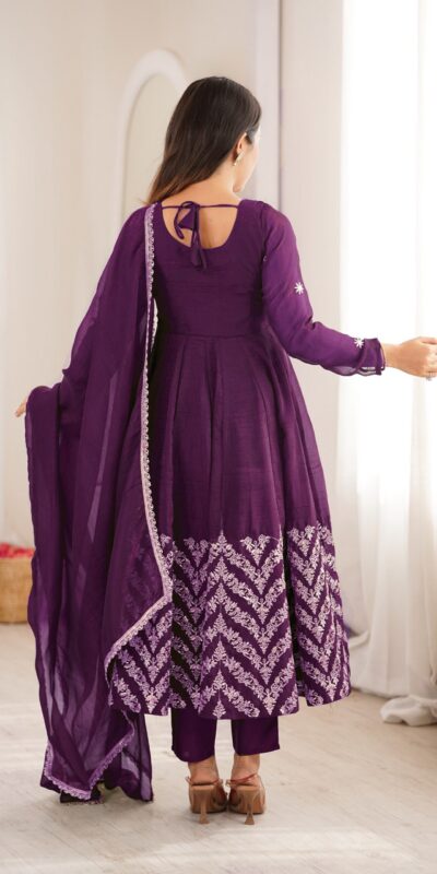 JF 050 Purple Embroidery Work & Sequins Work Salwar Suit in Peach Crunchy Silk. Festive Deal ₹2099. Delivery 4-6 Working Days. Shop now. | Anarkali Suits, Bollywood Anarkali, Creative-Anarkali, Designer Anarkali, Embroidered Anarkali, Party Wear Anarkali