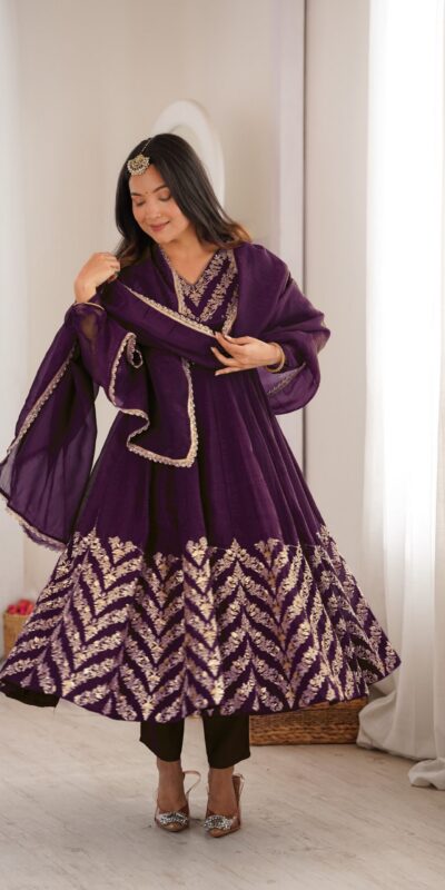 JF 050 Purple Embroidery Work & Sequins Work Salwar Suit in Peach Crunchy Silk. Festive Deal ₹2099. Delivery 4-6 Working Days. Shop now. | Anarkali Suits, Bollywood Anarkali, Creative-Anarkali, Designer Anarkali, Embroidered Anarkali, Party Wear Anarkali