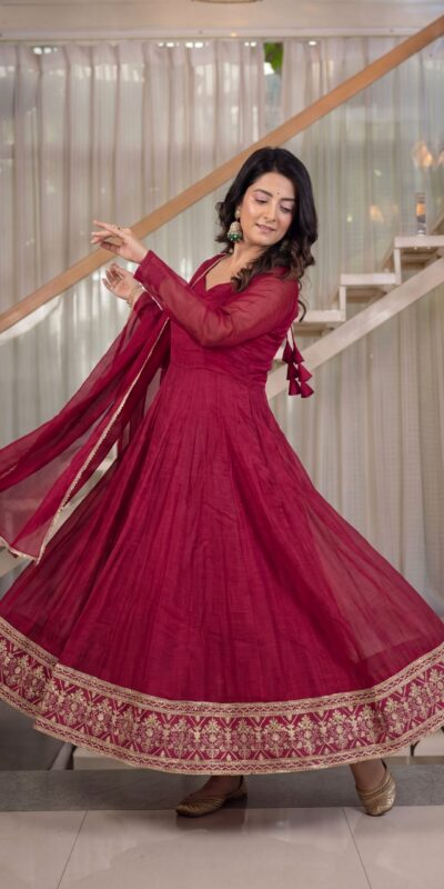 ND 5069 Red Embroidery Work & Sequins Work Salwar Suit in Peach Crunchy Silk. Festive Deal ₹2349. Delivery 4-6 Working Days. Shop now. | Anarkali Suits, Bollywood Anarkali, Creative-Anarkali, Designer Anarkali, Embroidered Anarkali, Party Wear Anarkali
