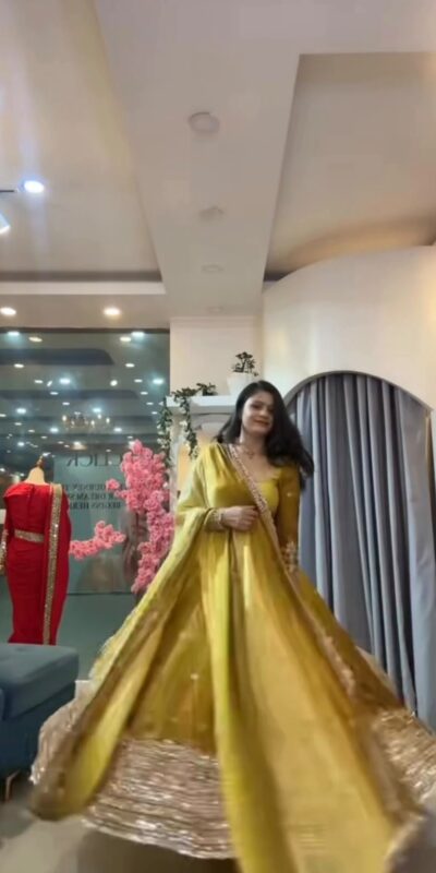 SR 1725 Yellow Faux Georgette Gown with Mirror Work & Embroidery Work. Get it for ₹2449. Delivery 4-6 Working Days. Online Shop now. | Gowns, Bollywood Gowns, Creative Gowns, Designer Gowns, Embroidered Gowns, Party Wear Gowns