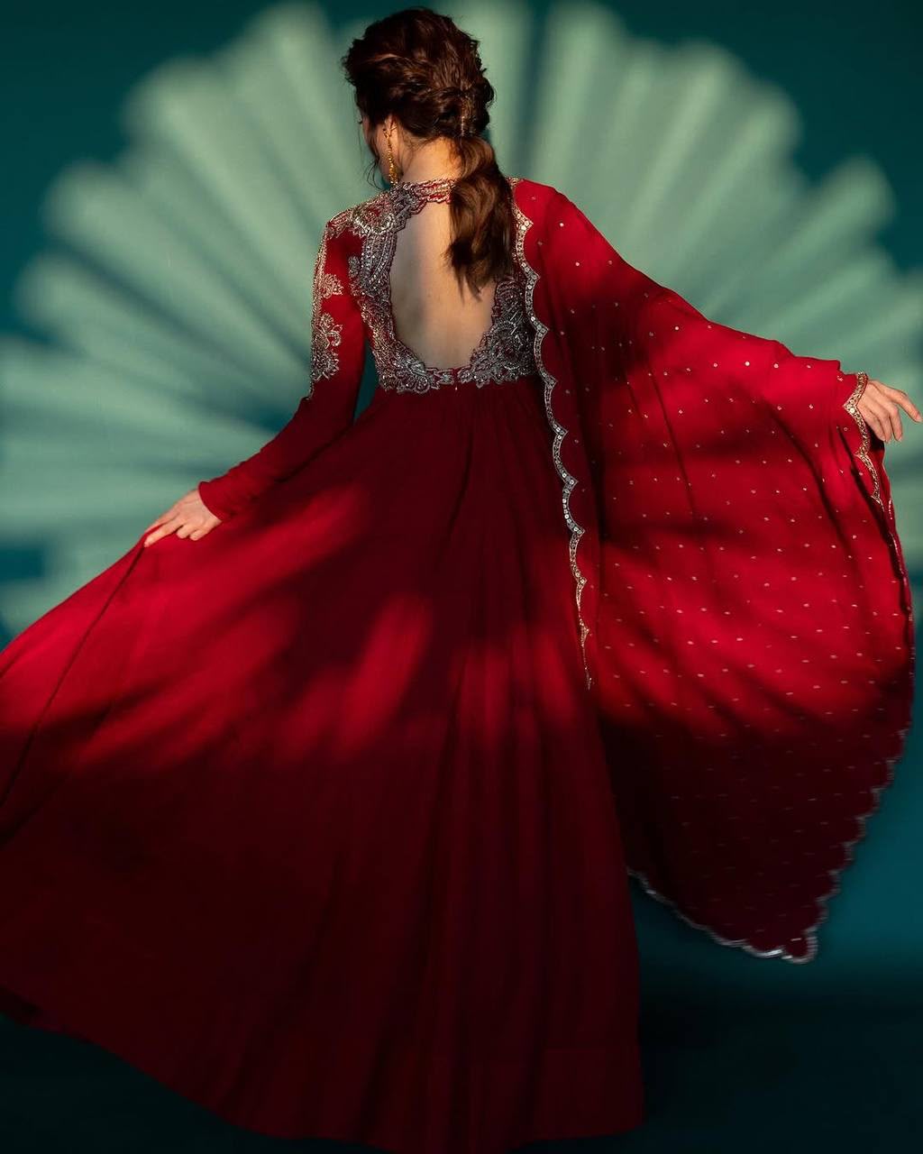 ST 1109 Red Chinon Gown. Perfect for Wedding, Party, Mehendi, Eid, Housewarming – Best Price ₹2149. Delivery 4-6 Working Days. Shop now. | Gowns, Bollywood Gowns, Creative Gowns, Designer Gowns, Embroidered Gowns, Party Wear Gowns