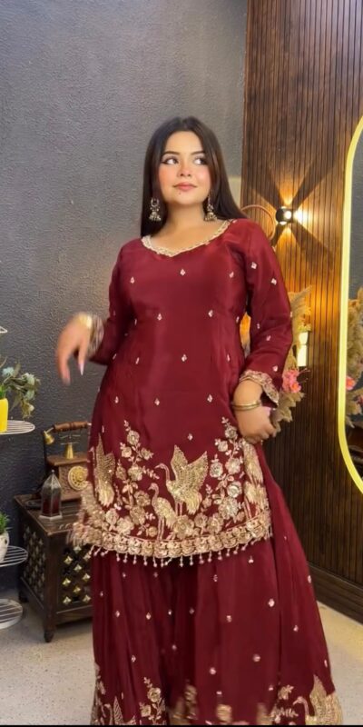 VLM 355 Maroon Chinon Silk Salwar Suit with Embroidery Work & Sequins Work. Get it for ₹2399. Delivery 4-6 Working Days. Shop now. | Jump Suits, Salwar suit, Casual Suits, Creative suits, Designer Suits, Palazzo Suits, Party Wear Suits, Patiala Suits, Straight Suits