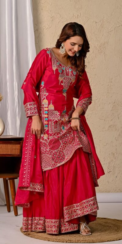ND 5047 Red Chinon Silk Salwar Suit with Embroidery Work & Sequins Work. Get it for ₹2399. Delivery 4-6 Working Days. Shop now. | Jump Suits, Salwar suit, Casual Suits, Creative suits, Designer Suits, Palazzo Suits, Party Wear Suits, Patiala Suits, Straight Suits