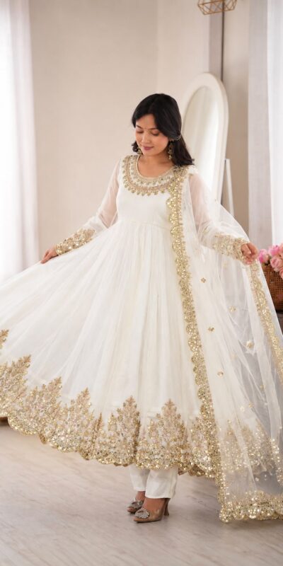 SR 1723 White Doremon Crush Gown with Lace Work & Mirror Work. Exclusive Offer ₹2449. Delivery 4-6 Working Days. Shop now. | Gowns, Bollywood Gowns, Creative Gowns, Designer Gowns, Embroidered Gowns, Party Wear Gowns