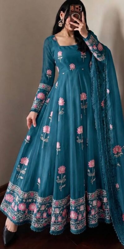SR 1724 Blue Faux Georgette Gown with Mirror Work & Embroidery Work. Get it for ₹2799. Delivery 4-6 Working Days. Online Shop now. | Gowns, Bollywood Gowns, Creative Gowns, Designer Gowns, Embroidered Gowns, Party Wear Gowns