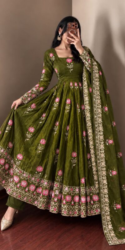 SR 1724 Mehendi Faux Georgette Gown with Mirror Work & Embroidery Work. Get it for ₹2799. Delivery 4-6 Working Days. Online Shop now. | Gowns, Bollywood Gowns, Creative Gowns, Designer Gowns, Embroidered Gowns, Party Wear Gowns